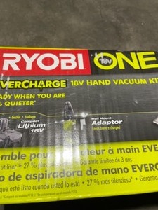 RYOBI 18-VOLT ONE LITHIUM-ION CORDLESS EVERCHARGE HAND VACUUM KIT WITH 1.3 AH COMPACT BATTERY AND WALL ADAPTORCHARGER. SEE PICTURES