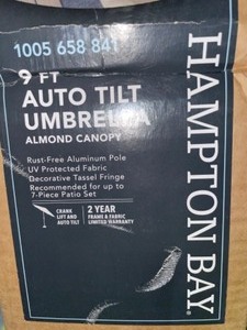 HAMPTON BAY 9 FT. ALUMINUM MARKET AUTO TILT PATIO UMBRELLA IN ALMOND. SEE PICTURES