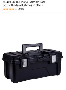 HUSKY 26 IN. PLASTIC PORTABLE TOOL BOX WITH METAL LATCHES IN BLACK & 14 IN. LARGE MOUTH TOOL BAG. VARIOUS CONDITIONS. SEE PICTURES