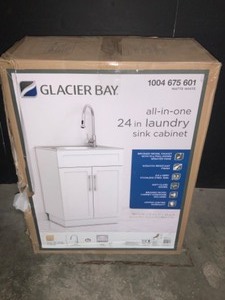 GLACIER BAY ALL-IN-ONE 24.125 IN. X 21.375 IN. X 35 IN. STAINLESS STEEL LAUNDRY SINK WITH FAUCET AND STORAGE CABINET. SEE PICTURES