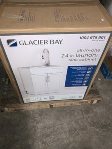 GLACIER BAY ALL-IN-ONE 24.125 IN. X 21.375 IN. X 35 IN. STAINLESS STEEL LAUNDRY SINK WITH FAUCET AND STORAGE CABINET. SEE PICTURES
