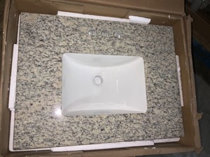 HOME DECORATORS COLLECTION 25 IN. W X 19 IN. D GRANITE VANITY TOP IN SANTA CECILIA WITH WHITE SINGLE TROUGH SINK. SEE PICTURES