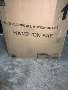 HAMPTON BAY WHITFIELD DARK BROWN WICKER OUTDOOR PATIO MOTION CONVERSATION CHAIR WITH CUSHIONGAURD STEEL BLUE CUSHIONS (2-PACK). SEE PICTURES