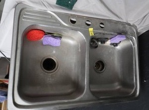 lot 10 image: DUAL STAINLESS STEEL SINK  KITCHEN AID GARBAGE DISPOSAL