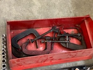 Steel Toolbox Full Of Assorted C-Clamps, Pliers, Misc Hand Tools & Etc