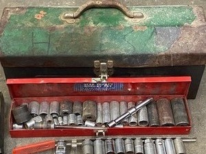 Vintage Steel Toolbox Full Of Assorted Socket Strips & Sockets, 14--38--12 Drives, Metric & SAE