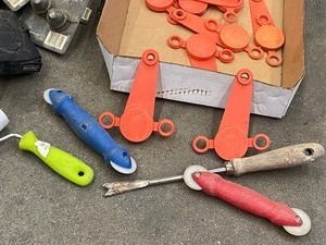 Box Lot Of Assorted Valve Cover Hole Plugs, Brake Controller, Thermostats, Hand Tools, Etc