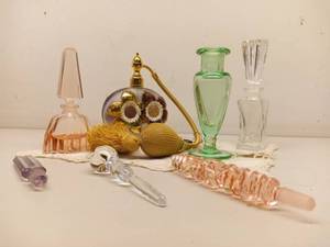 lot 12 image: Vintage Marcel Franck Murano Glass Atomizer & Crystal Perfume Bottles