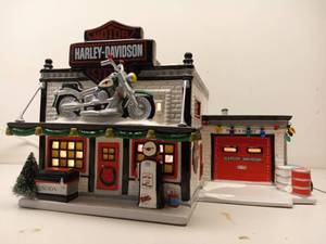 lot 14 image: Department 56 Hand Painted Ceramic Harley Davidson Christmas Motorcycle Village House