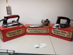 lot 76 image: 3 General Mills Automatic Irons W Attachments Sponsored By Betty Crocker Vintage 1950s Irons