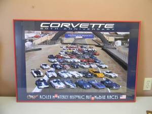 lot 11 image: CORVETTE 50TH ANNIVERSARY ROLEX MONTEREY HISTORIC AUTOMOBILE RACES PROFESSIONALLY FRAMED POSTER - NICE - APPROX 36 BY 25 - SEE PICTURES