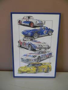 lot 12 image: CHEVROLET CORVETTE HISTORY OF RACERS FRAMED PRINT - 19 OF 50 SIGNED PIECE - RARE  AWESOME PIECE - PROFESSIONALLY FRAMED - APPROX 14 BY 20 - SEE PICTURES