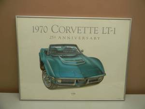 lot 21 image: 1970 CORVETTE LT-1 25TH ANNIVERSARY PROFESSIONALLY FRAMED PRINT -  AWESOME PIECE - APPROX 26 BY 20 - SEE PICTURES