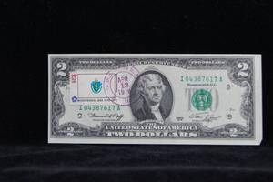 lot 36 image: Massachusettes Stamped 1976 First Day of Issue $2 Bill