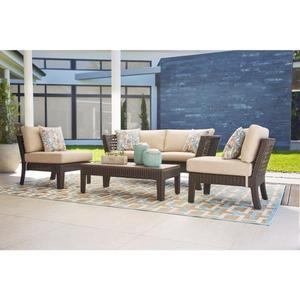 lot 81 image: Tyler 4-Piece Steel Wicker Outdoor Patio Conversation Set with Beige Cushions by StyleWell