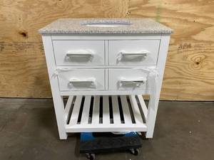 HOME DECORATORS COLLECTION Fraser 31 in. W Bath Vanity in White with Granite Vanity Top in White with White Basin.