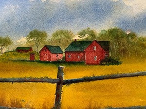 lot 15 image: Framed Watercolor of Red Farmhouse- From the Collection of Jack Zipes