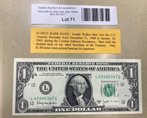 lot 71 image: 1963 Barr Note (Joseph Walker Barr) Rare $1 Bill