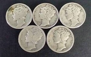 5 90% Silver Mercury Dimes