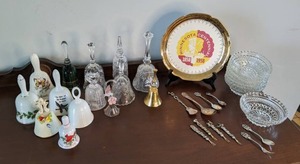lot 53 image: Vintage Bells, Cut Glass Bowls, Souvenir Spoons, etc.