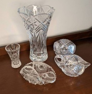 lot 55 image: Stunning Cut Glass Items Vases, Creamer, Sugar Bowl, etc.
