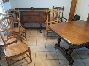 lot 14 image: Dining Room Set Trestle Table, Chairs, Sideboard Buffet