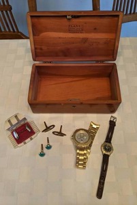 lot 73 image: Lane Cedar Jewelry Box, Cuff Links, Watches