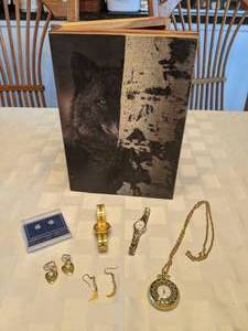 lot 74 image: Wolf Jewelry Box w Earrings, Watches, Necklace
