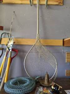lot 107 image: Fishing Rod, Reel, Net, Bait, Collapsible Fish Basket, etc.