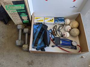 lot 120 image: Coleman Lantern, Weights, Sunglasses, Baseballs, etc.