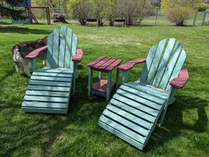 lot 293 image: (2) Adirondack Wood Lounge Chairs & Side Table