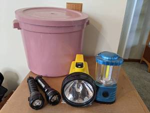 lot 273 image: Flashlights & Lantern in Lidded Bin