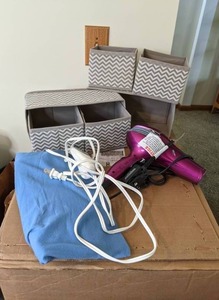 lot 274 image: Storage Bins, Electric Heating Pad, Hair Dryer
