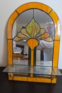 lot 261 image: Stained Glass Wall Mount Mirror w Shelf