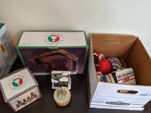 lot 262 image: Christmas Decor Nativity Scene, Snow Globe, Music Box, etc.