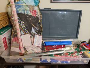 lot 264 image: Storage Tote Filled with Wrapping Paper, Christmas Cards, etc.