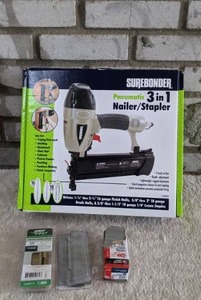 lot 22 image: Surebonder 3-In-1 Pneumatic NailerStapler w Brad Nails & Staples