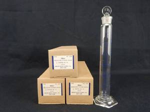 lot 59 image: Set of 3 Mercer Glass Works Merco 50 ML Glass Graduated Mixing Cylinders with Stoppers