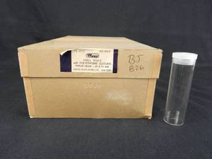 lot 96 image: Case of 72  Merco Mercer Glass Works 12 Dram Glass Shell Vials with Snap Cap