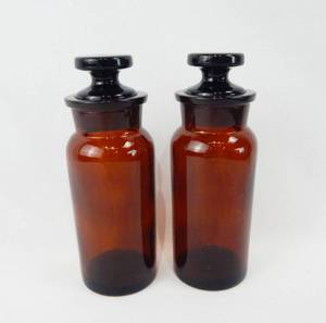 lot 227 image: Set of 2 Vintage Wheaton Glass Company 125 ML Amber Glass Wide Mouth Bottles With Stoppers