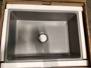 lot 17 image: Contempo FarmhouseApron-Front Fireclay 27 in. Single Bowl Kitchen Sink with Bottom Grid and Strainer in Matte Gray by BOCCHI Customer Returns See Pictures