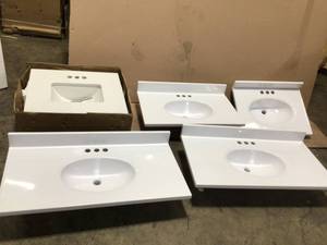 lot 21 image: Lot of 5 -  Assorted WHITE  Cultured Marble Vanity Top White Basin by Design House Customer Returns See Pictures