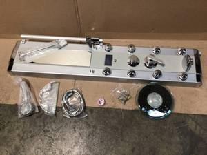 lot 43 image: 51 in. 8-Jet Aluminum Shower Panel System with LED Rainfall Shower Head, LED Shower Wand, Display, Tub Spout and Mirror by AKDY Customer Returns See Pictures