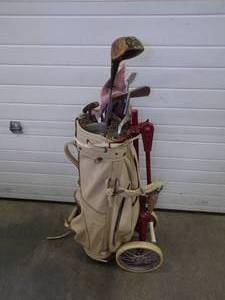 Vintage Golf Caddy and golf clubs