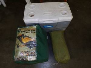 Camping Supplies, Airbed with Sleeping Bag, Cooler and more