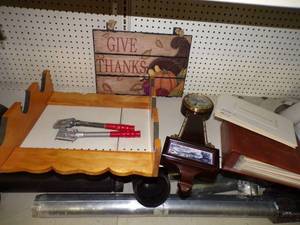 Gun Rack, Clock, Dcor, Paint Scrapers, and Stamp book