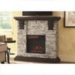 lot 24 image: Highland 40 in. Freestanding Faux Stone Electric Fireplace TV Stand in Gray with Mantel