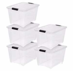 lot 26 image: 53 Qt. Stack and Pull Box in Clear (5-Pack) the retail price in Home Depot is $51.49
