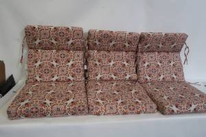 lot 673 image: Hampton Bay 21.5 in. x 24 in. Chili Medallion Outdoor High Back Outdoor Dining Chair Cushions - Set of 3