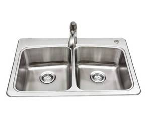 lot 43 image: Glacier Bay All-in-One Stainless Steel 33 in. 2-Hole 5050 Double Bowl Drop-in Kitchen Sink Kit with Faucet